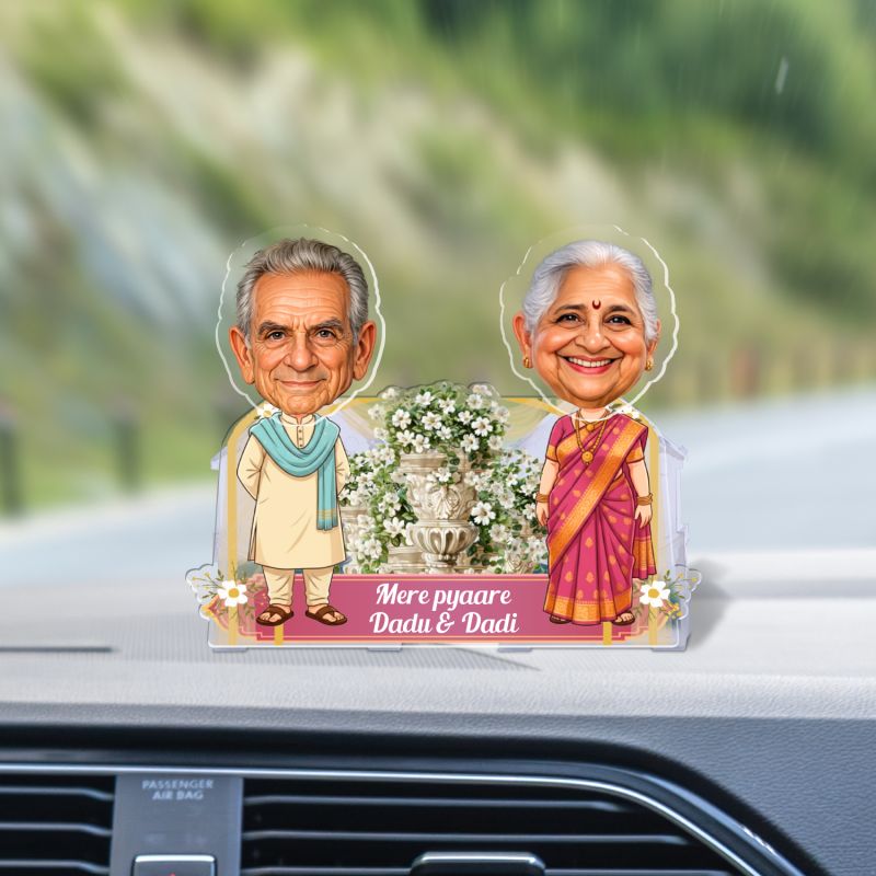 Personalized Mere Pyaare Dadu & Dadi Funny Bobblehead Caricature Battery Powered Shaking Head Gift for Grandparents Home Decor Tabletop Desk Decoration